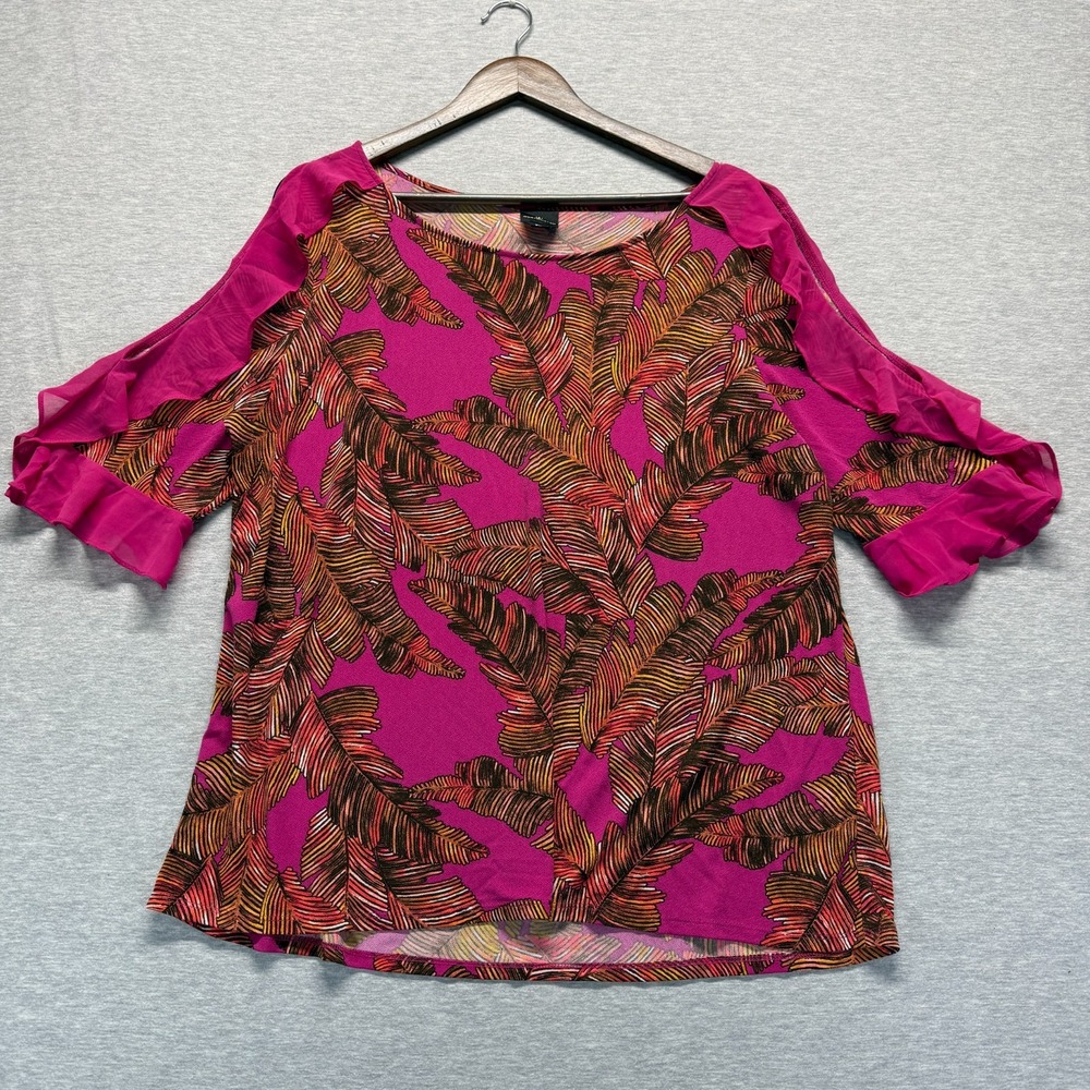 Worthington Blouse Top Womens 2XL Pink Multi Tropical Ruffled Peekaboo Sleeves